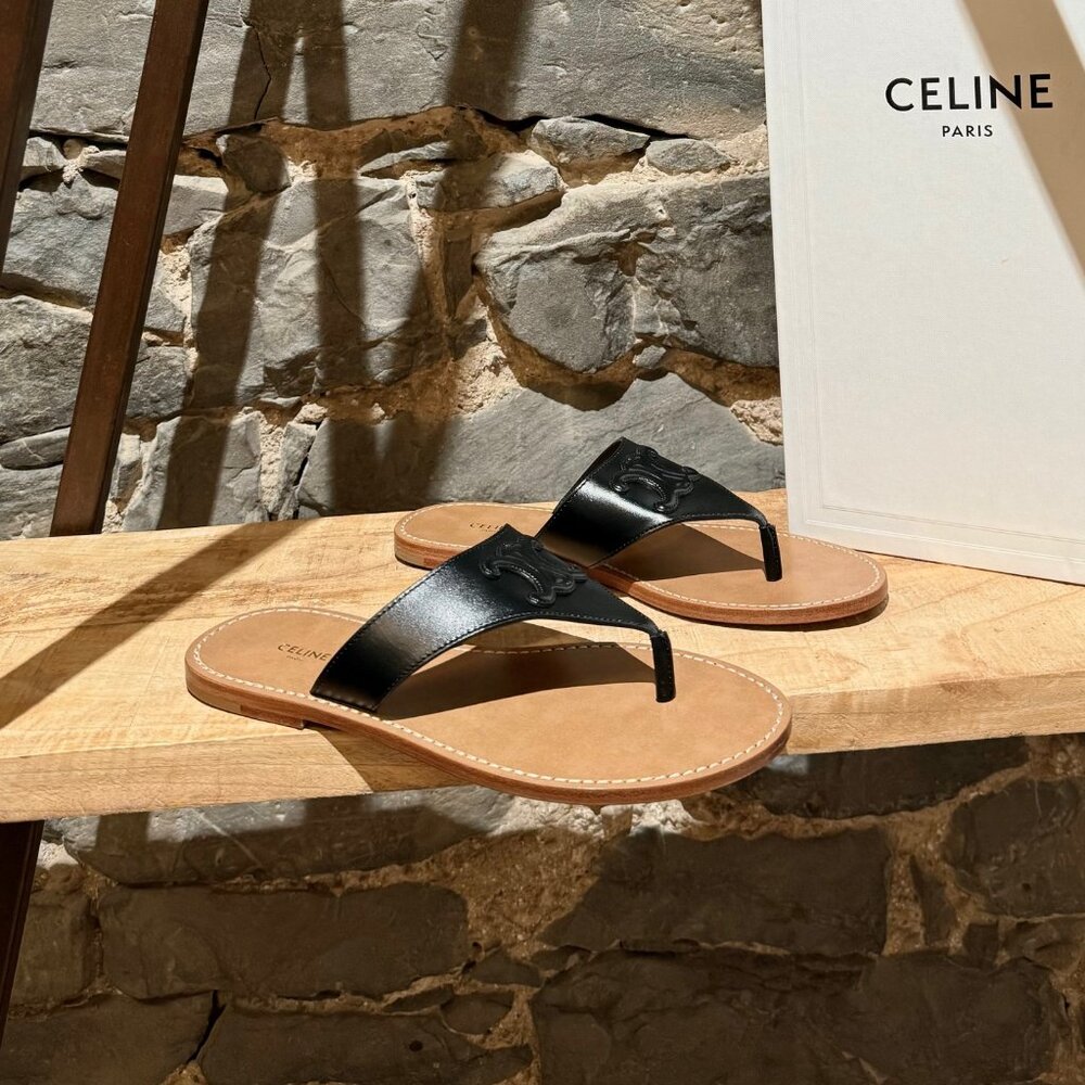 Celine Black Leather Triomphe Logo Lympia Thong Sandals